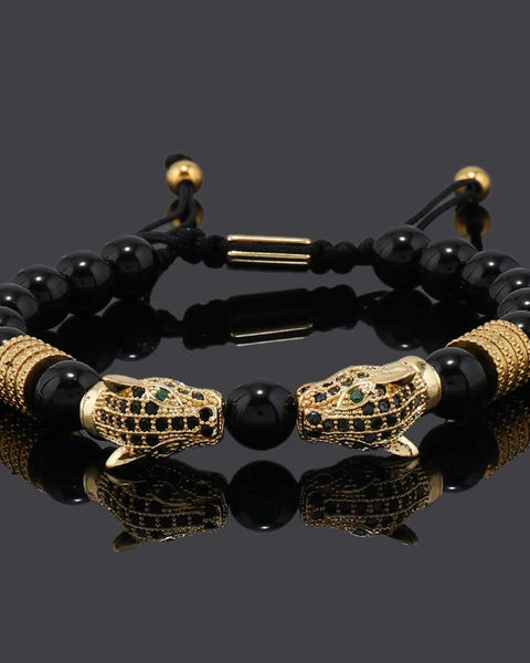 Luxury Black Stone Beads Man Bracelet Leopard Head Charms Women Bracelets