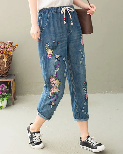 Women's Vintage Floral Loose Denim Pants