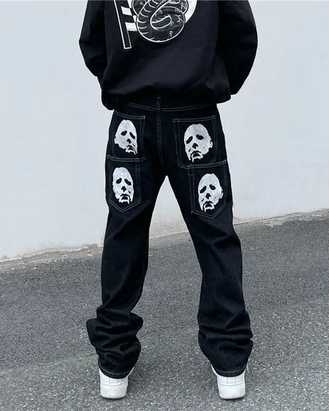 American Style High Street Skeleton Printing Jeans Loose Fit Straight Leg Wide Leg Trousers Trendy Casual Streetwear