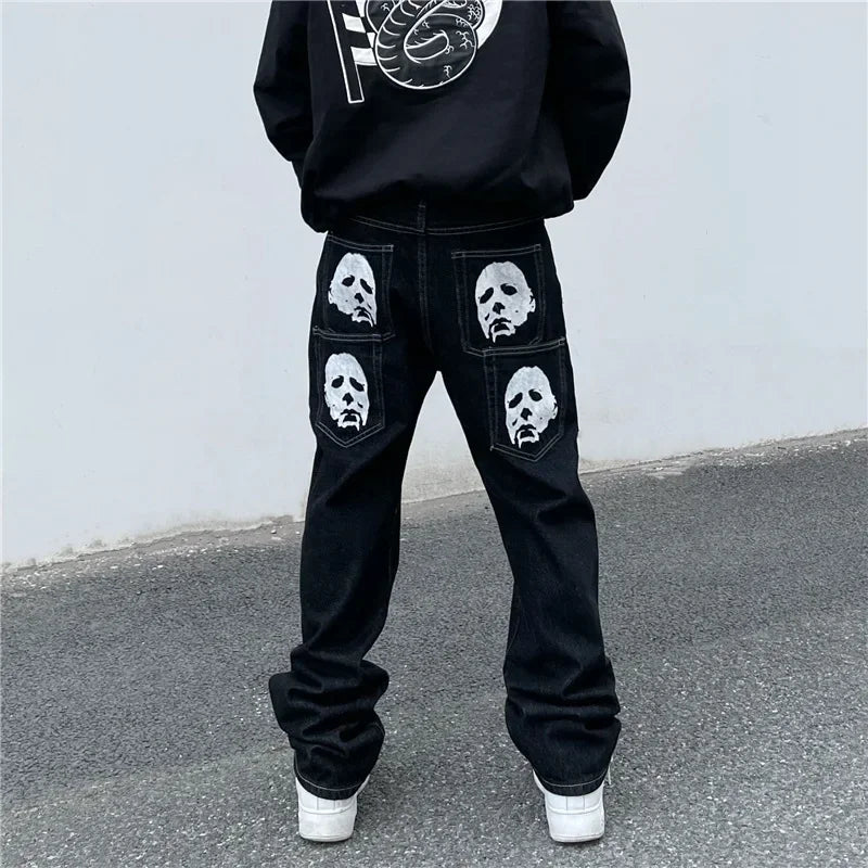 American Style High Street Skeleton Printing Jeans Loose Fit Straight Leg Wide Leg Trousers Trendy Casual Streetwear