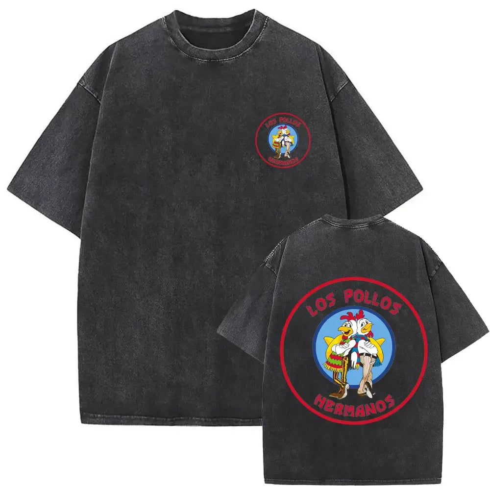 Summer men's and women's fashion water wash vintage retro Los Pollos Hermanos chicken pattern T-shirt casual loose top