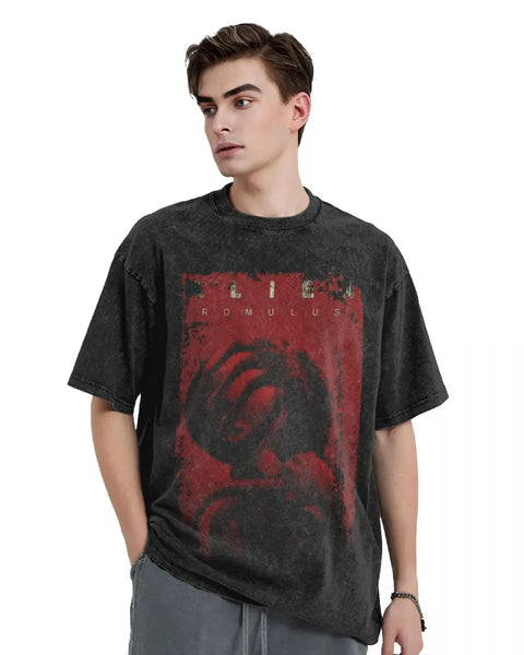 2024 New Alien Romulus Print Washed T Shirt Male Streetwear Casual T-Shirt Beach O Neck Leisure Tee Shirt Print Big Size Clothes