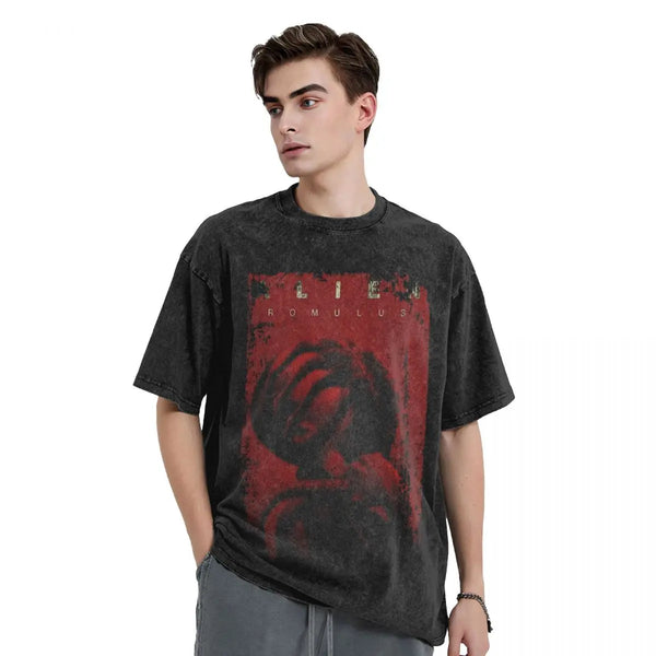 2024 New Alien Romulus Print Washed T Shirt Male Streetwear Casual T-Shirt Beach O Neck Leisure Tee Shirt Print Big Size Clothes