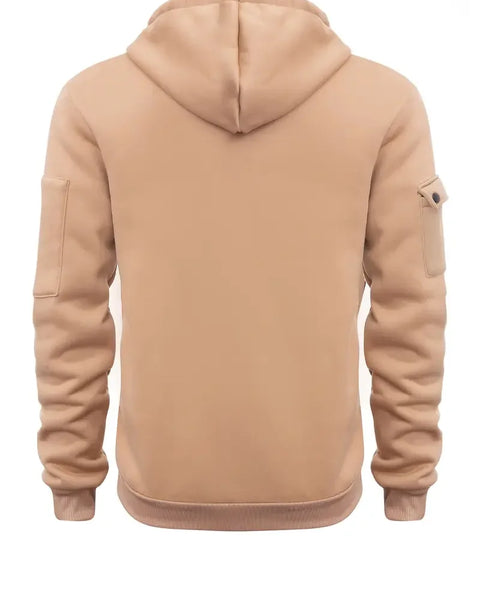 Men's Fashionable Hooded Sweatshirt with Multiple Pockets and Zippers, Casual Long Sleeved Pullover, Regular Fit, Solid Color Kn