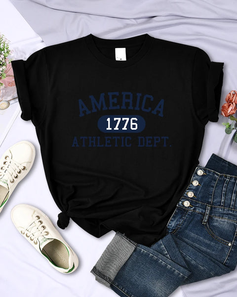 America 1776 Athletic Dept Letter T-Shirt Female Sport Casual Crop Top Cool Hip Hop Tee Shirt Soft Breathable T Shirt Women
