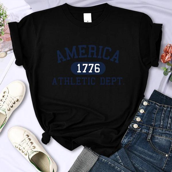 America 1776 Athletic Dept Letter T-Shirt Female Sport Casual Crop Top Cool Hip Hop Tee Shirt Soft Breathable T Shirt Women