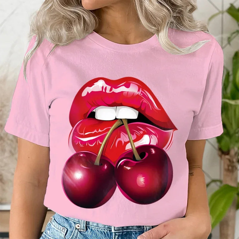 Summer Clothing LIPS CHERRY Print T-Shirts Short Sleeve Ladies Casual Women Fashion Graphic Tee