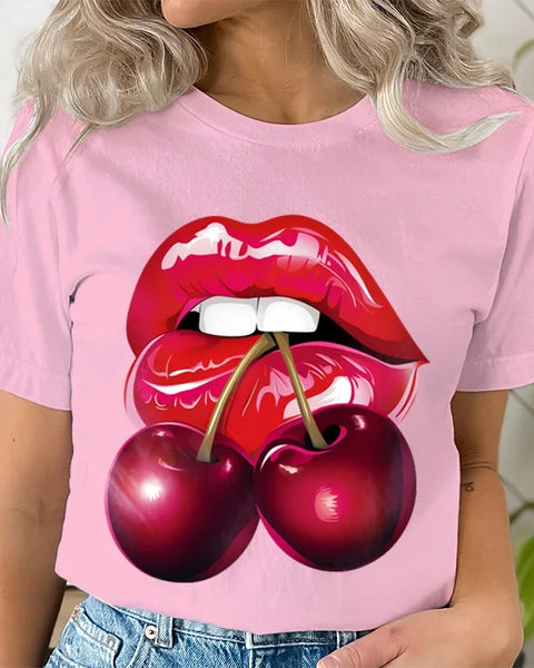 Summer Clothing LIPS CHERRY Print T-Shirts Short Sleeve Ladies Casual Women Fashion Graphic Tee