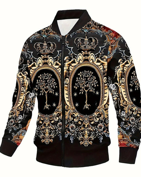 Luxury Retro Print Men's Jacket Black Flower Streetwear Zipper