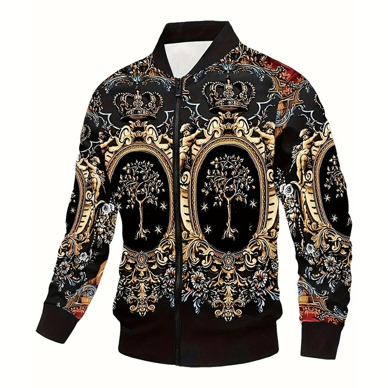 Luxury Retro Print Men's Jacket Black Flower Streetwear Zipper