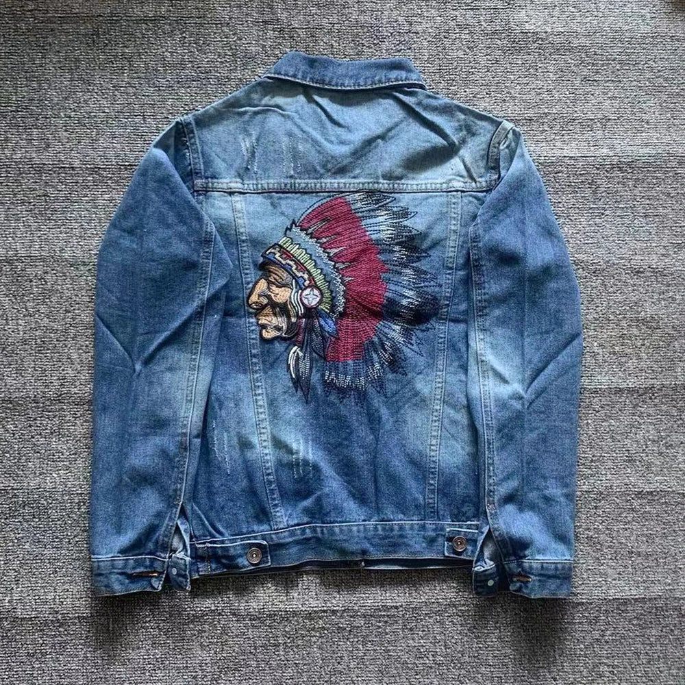 Indian Chief Embroidery Denim Jackets Men