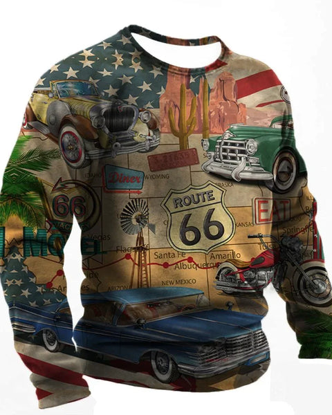 Vintage Men Route 66 Print Long Sleeve Tops Outdoor Biker T Shirt