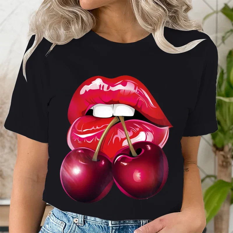 Summer Clothing LIPS CHERRY Print T-Shirts Short Sleeve Ladies Casual Women Fashion Graphic Tee