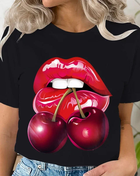 Summer Clothing LIPS CHERRY Print T-Shirts Short Sleeve Ladies Casual Women Fashion Graphic Tee