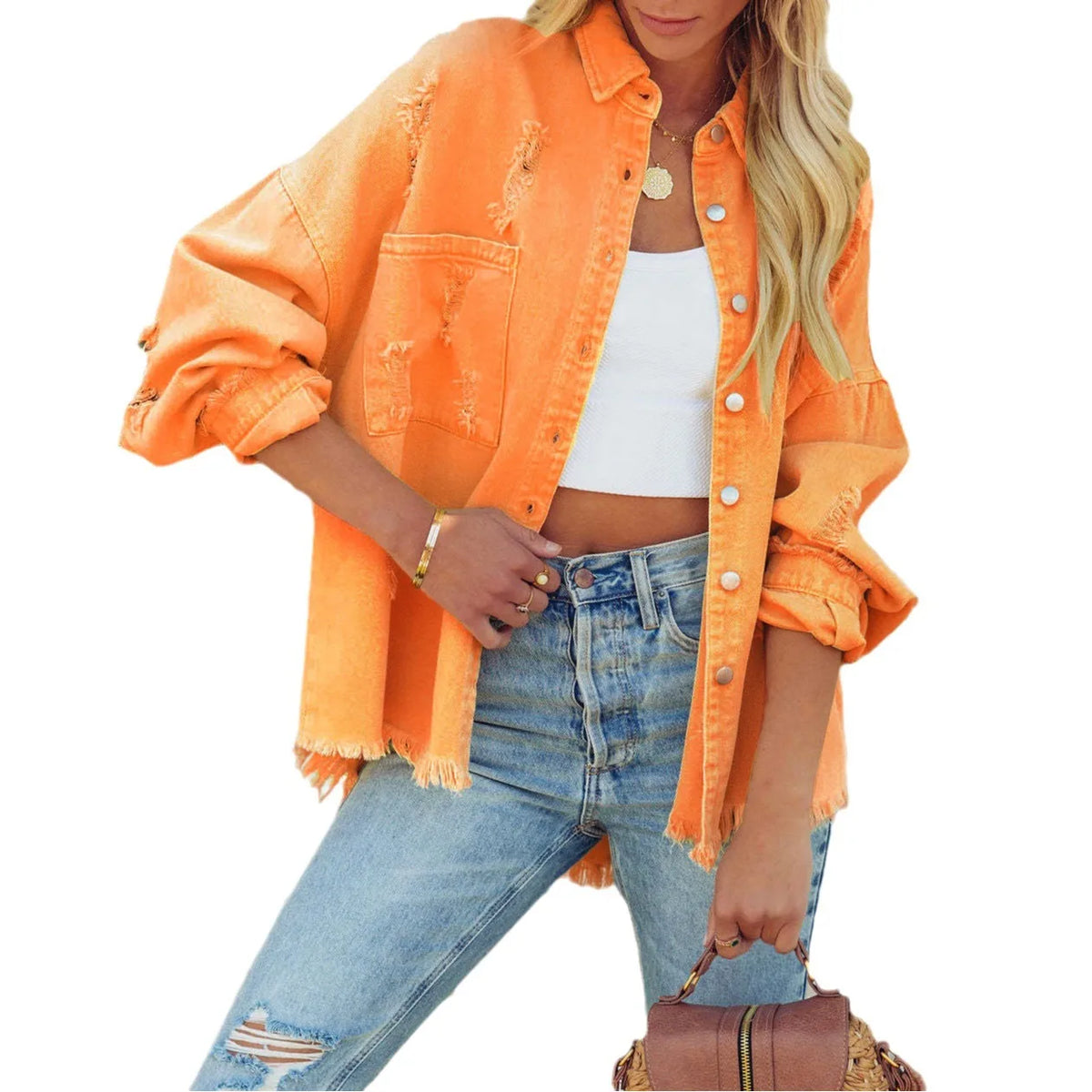 Women Fashion Ripped Denim Jacket Turn Down Collar Long Sleeve