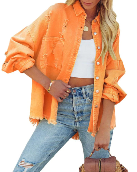 Women Fashion Ripped Denim Jacket Turn Down Collar Long Sleeve