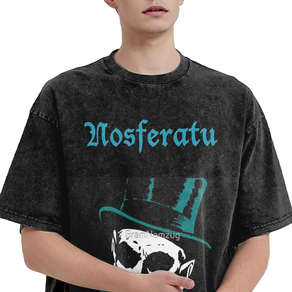 Nosferatu Meme   Washed T-Shirt Mens Horror Movie  Y2K Retro Casual T Shirts Summer O Neck Harajuku Tees Design Big Size Tops