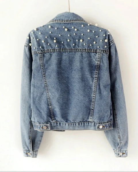 Women's Short Denim Jacket Beaded Pearl Jacket