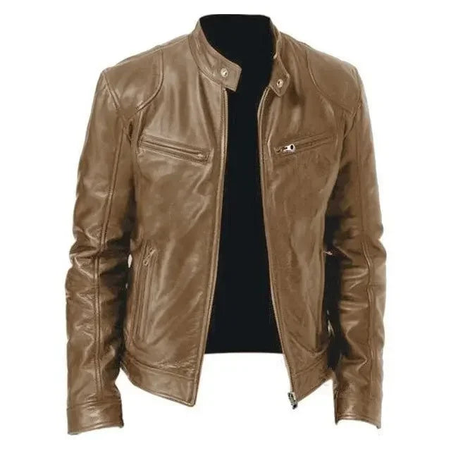 Men's PU Leather Jacket Stand Neck Zipper Slim Fit