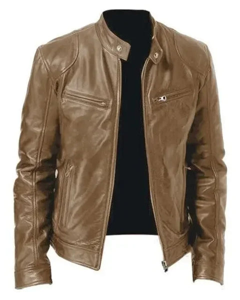 Men's PU Leather Jacket Stand Neck Zipper Slim Fit