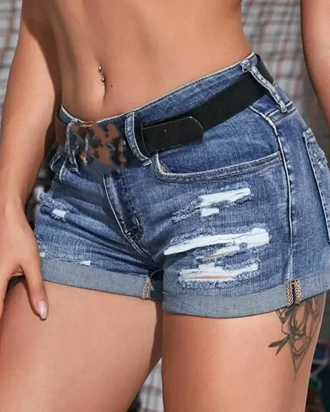 Women's Split Denim Shorts Summer Beach Wild Fashion  Perforated Elastic Slim Fit Casual Shorts