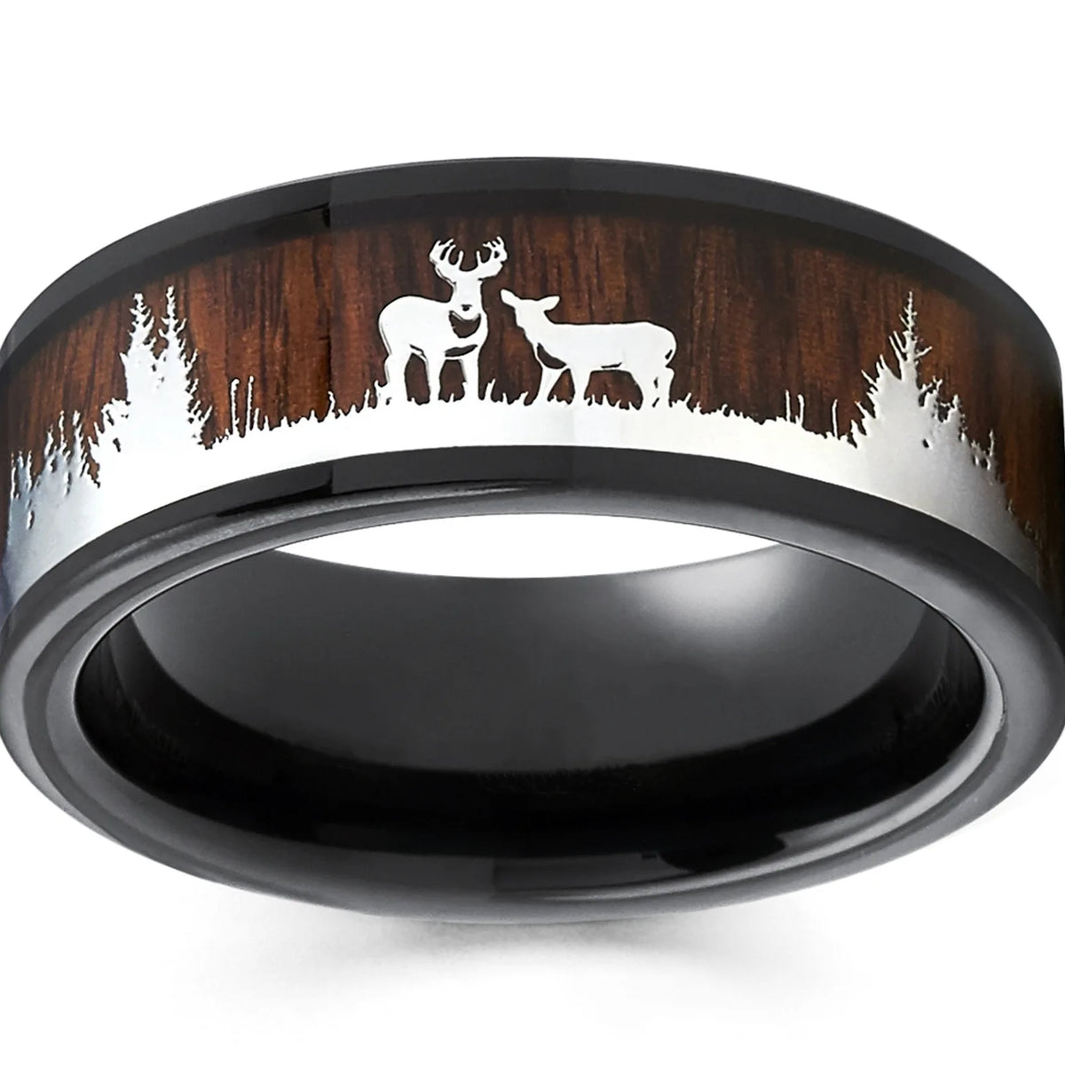 Vintage Koa Wood Inlay Deer Stag Hunting 8mm  Rings