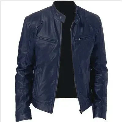 Men's PU Leather Jacket Stand Neck Zipper Slim Fit