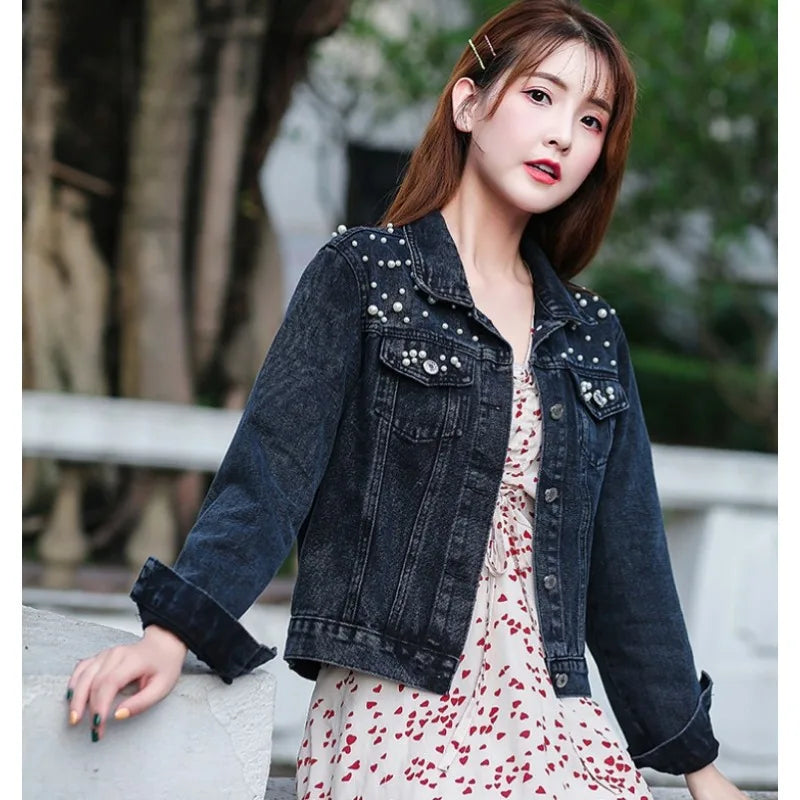 Women's Short Denim Jacket Beaded Pearl Jacket