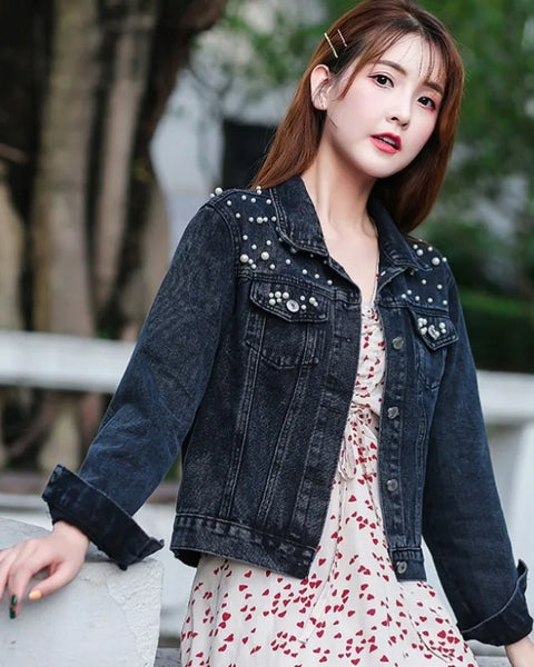 Women's Short Denim Jacket Beaded Pearl Jacket