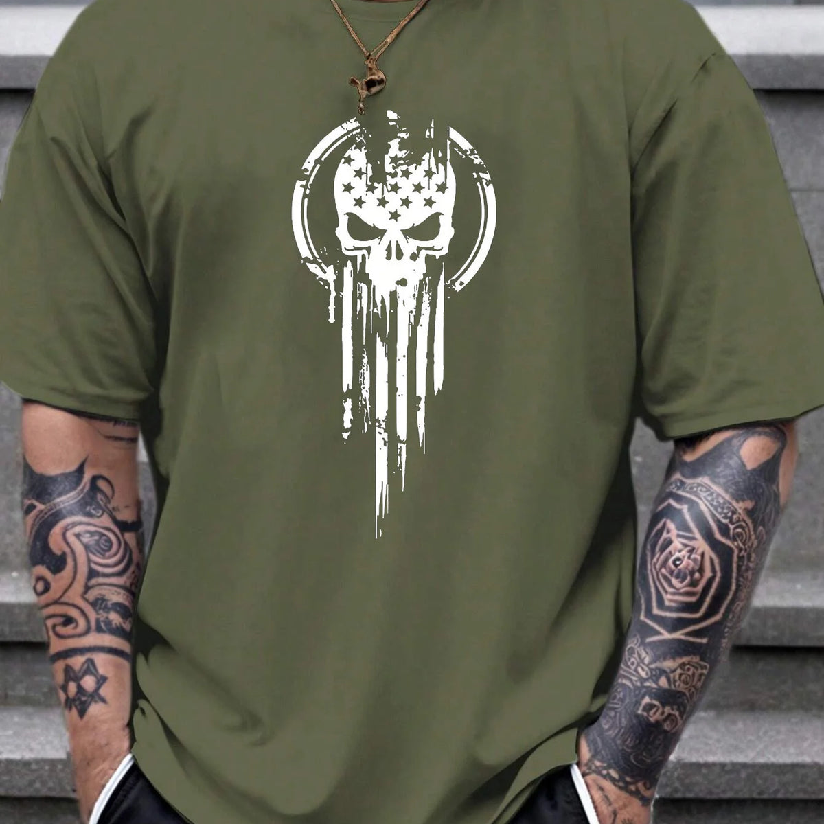 Men's 100% cotton summer fashion casual loose fit oversized Skull pattern printed sports round neck short sleeved T-shirt top