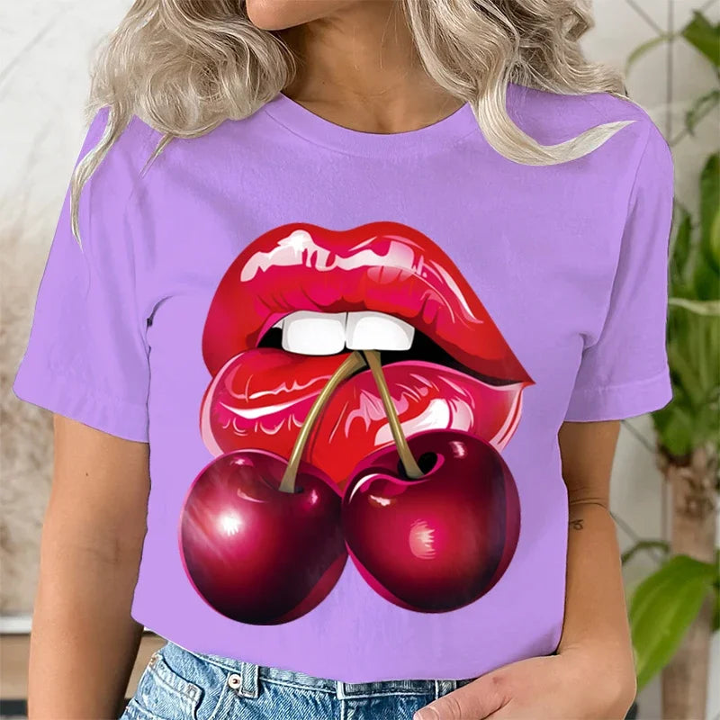 Summer Clothing LIPS CHERRY Print T-Shirts Short Sleeve Ladies Casual Women Fashion Graphic Tee