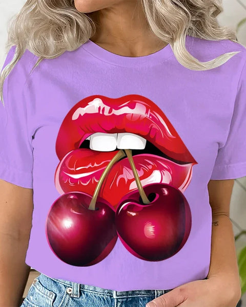 Summer Clothing LIPS CHERRY Print T-Shirts Short Sleeve Ladies Casual Women Fashion Graphic Tee