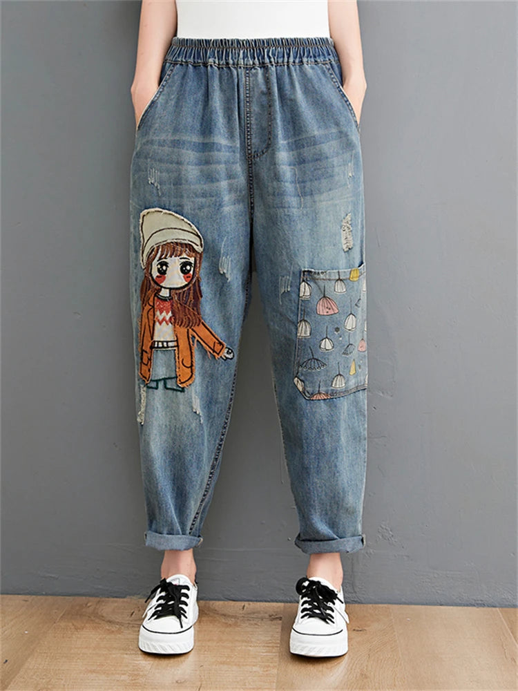 Trendy Embroidery Denim Pants For Women