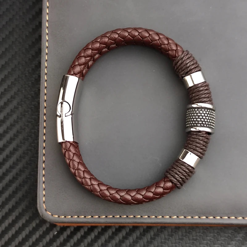 Luxury Vintage Multilayer Brown Leather Stainless Steel  Men Bracelet