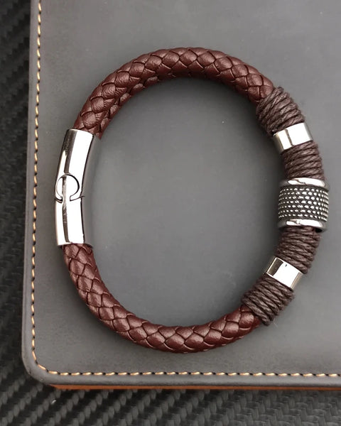 Luxury Vintage Multilayer Brown Leather Stainless Steel  Men Bracelet