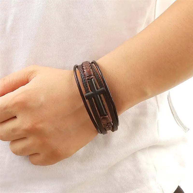 Vintage Men's Leather Bracelet Hand-Woven Multilayer Leather