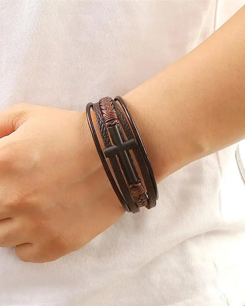 Vintage Men's Leather Bracelet Hand-Woven Multilayer Leather