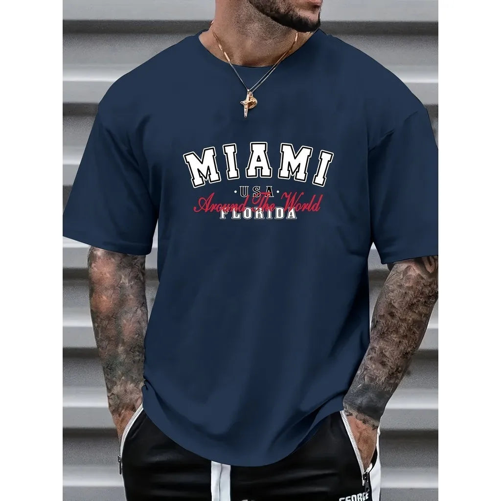 MIAMI Graphic Print Men's Creative Top, Casual Short Sleeve Crew Neck T-shirt, Men's Clothing For Summer Outdoor