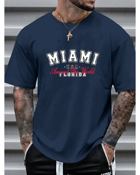 MIAMI Graphic Print Men's Creative Top, Casual Short Sleeve Crew Neck T-shirt, Men's Clothing For Summer Outdoor