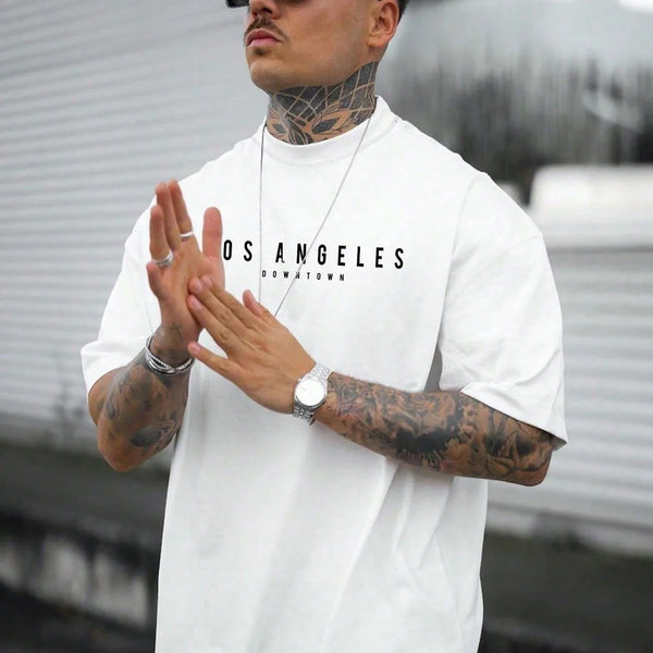 Summer men's 100% cotton comfortable casual loose oversized creative Los Angeles print sports round neck short sleeved T-shirt