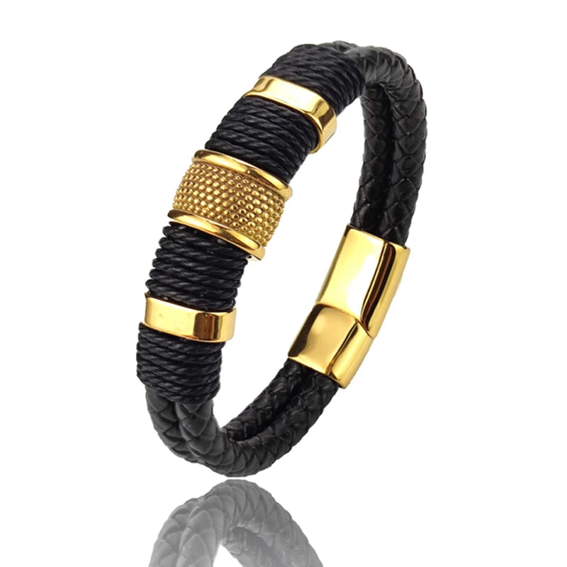 Luxury Vintage Multilayer Brown Leather Stainless Steel  Men Bracelet