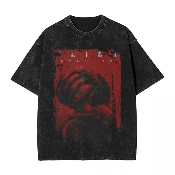 2024 New Alien Romulus Print Washed T Shirt Male Streetwear Casual T-Shirt Beach O Neck Leisure Tee Shirt Print Big Size Clothes