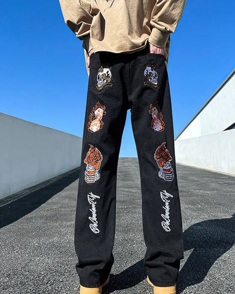 Streetwear Y2k Skull Print Flare Jeans Men Hip Hop Straight Fashion Baggy Denim Pants Wide Leg Techwear Casual Long Trousers