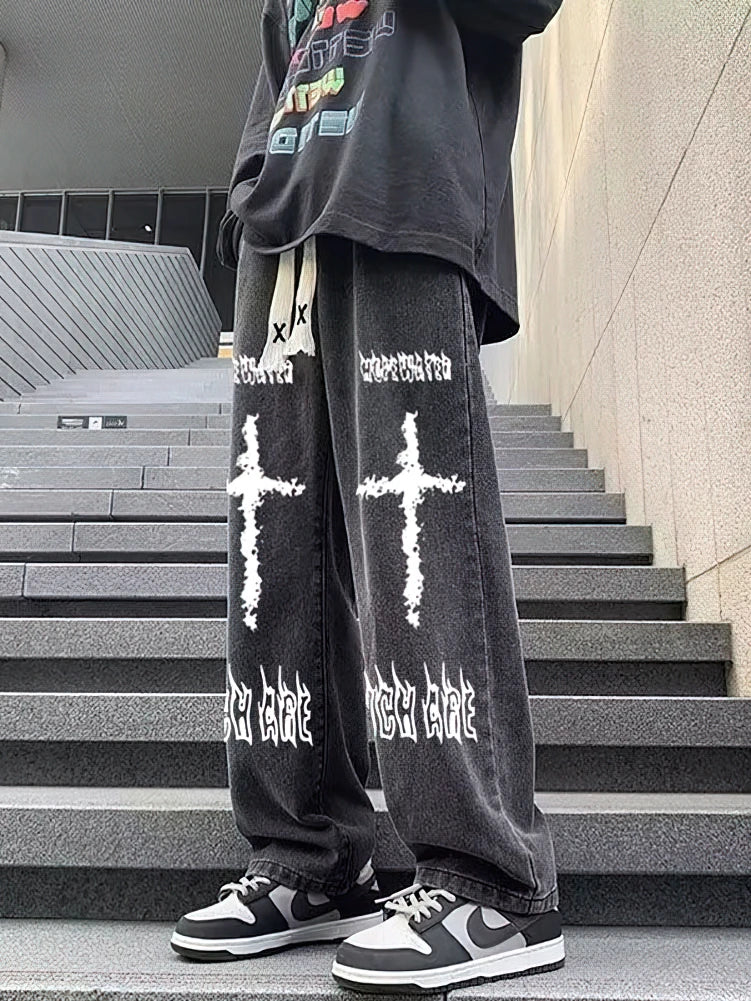 Oversize  Hip hop  Style Streetwear Y2k Printed Black Denim Baggy Pants