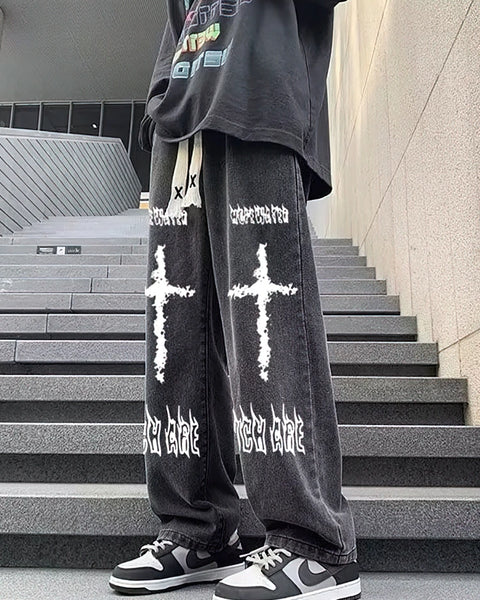 Oversize  Hip hop  Style Streetwear Y2k Printed Black Denim Baggy Pants