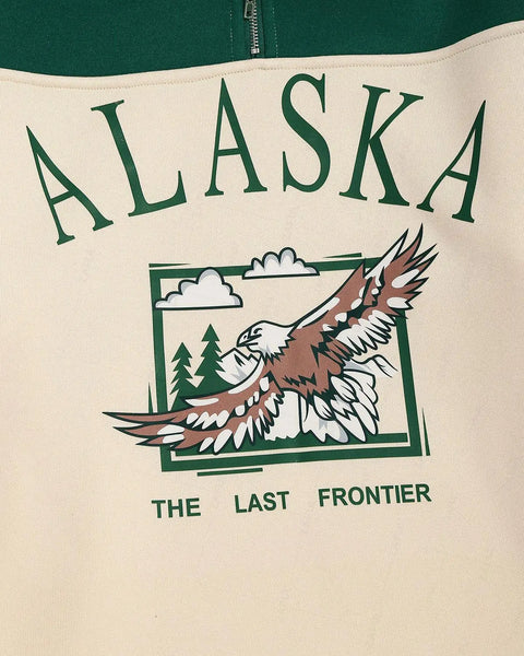 ZAFUL Streetwear Vintage ALASKA Graphic Eagle Printed Colorblock Fleece Quarter Zip Sweatshirt