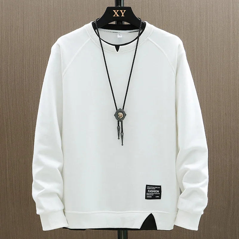 2025 New Mens Casual Sweatshirts Harajuku Solid Color Fashion Fake Two Pieces O-Neck Sweatshirt Hoodies Hip Hop Male Streetwear