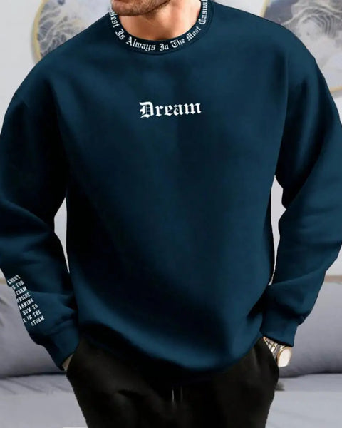 Men Fall Winter Sweatshirt Round Neck Long Sleeve Men Top Letter Print Thick Loose Warm Mid Length Men Casual Top