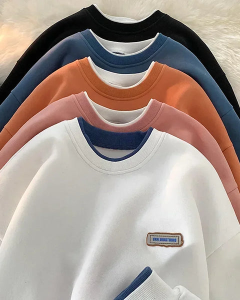 Fashionable Men's Round Neck Sweatshirt Solid Color Loose Fit College Style Top Autumn Winter 2024 New Arrivals