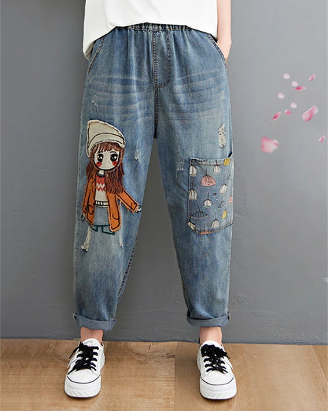 Trendy Embroidery Denim Pants For Women